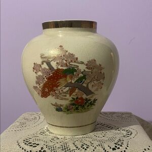Ivory Ceramic Floral & Bird Vase with Gold Trim